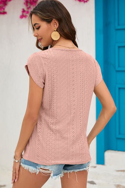 Eyelet Round Neck Short Sleeve T-Shirt - Loulou Boutique