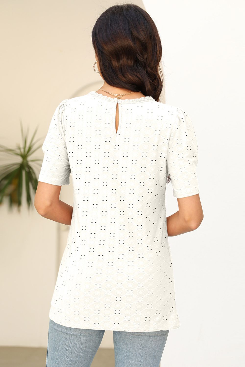 Eyelet Round Neck Short Sleeve T-Shirt - Loulou Boutique