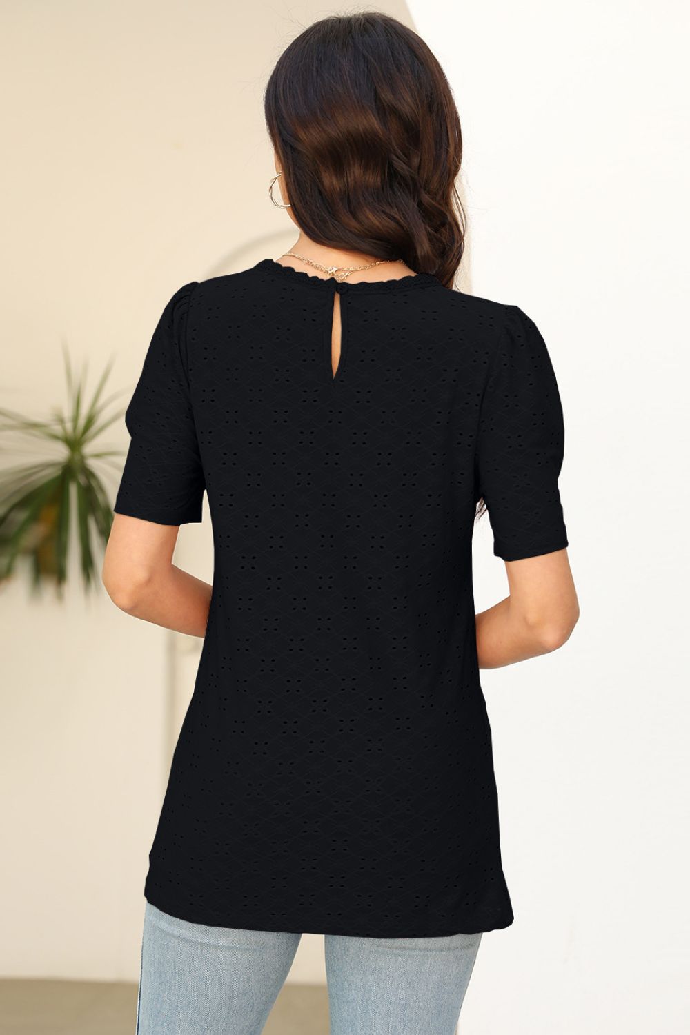 Eyelet Round Neck Short Sleeve T-Shirt - Loulou Boutique