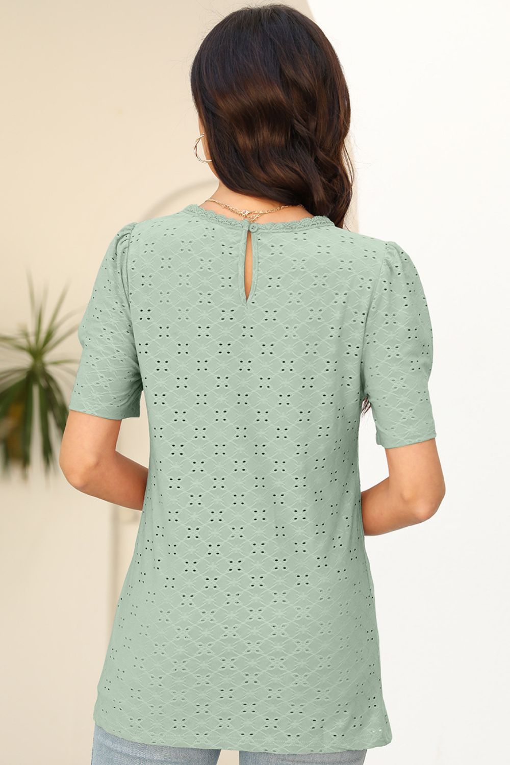 Eyelet Round Neck Short Sleeve T-Shirt - Loulou Boutique