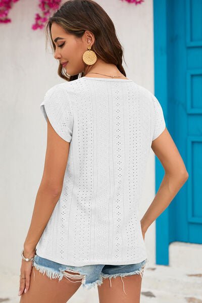 Eyelet Round Neck Short Sleeve T-Shirt - Loulou Boutique