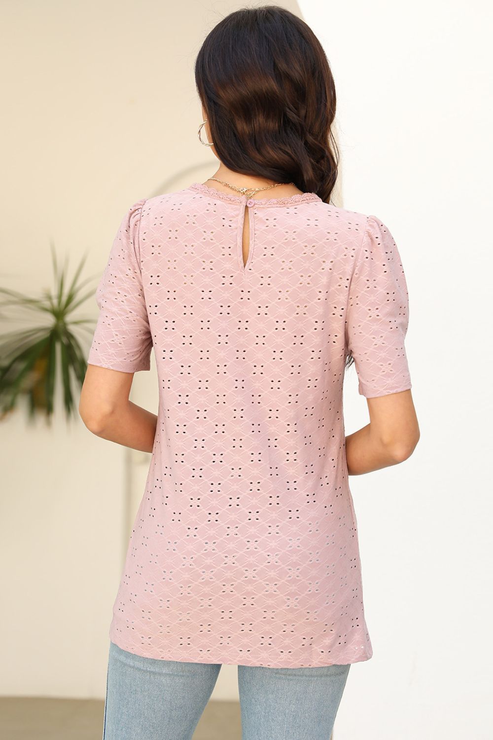 Eyelet Round Neck Short Sleeve T-Shirt - Loulou Boutique