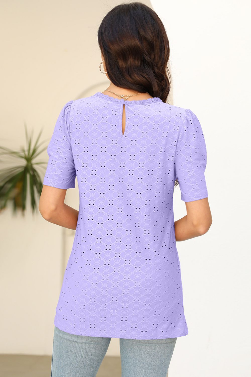 Eyelet Round Neck Short Sleeve T-Shirt - Loulou Boutique
