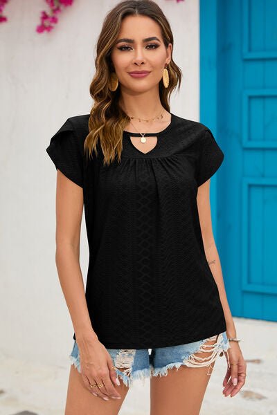 Eyelet Round Neck Short Sleeve T-Shirt - Loulou Boutique