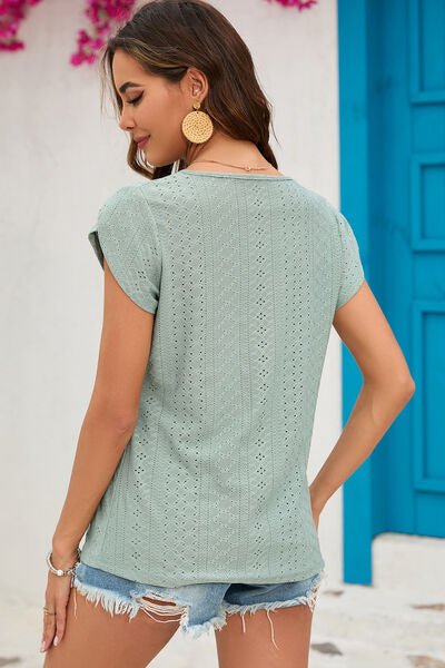 Eyelet Round Neck Short Sleeve T-Shirt - Loulou Boutique