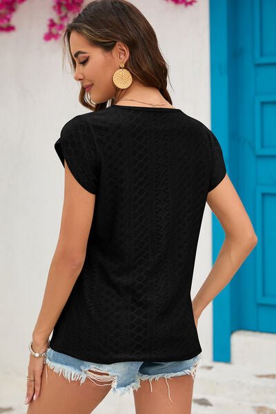 Eyelet Round Neck Short Sleeve T-Shirt - Loulou Boutique