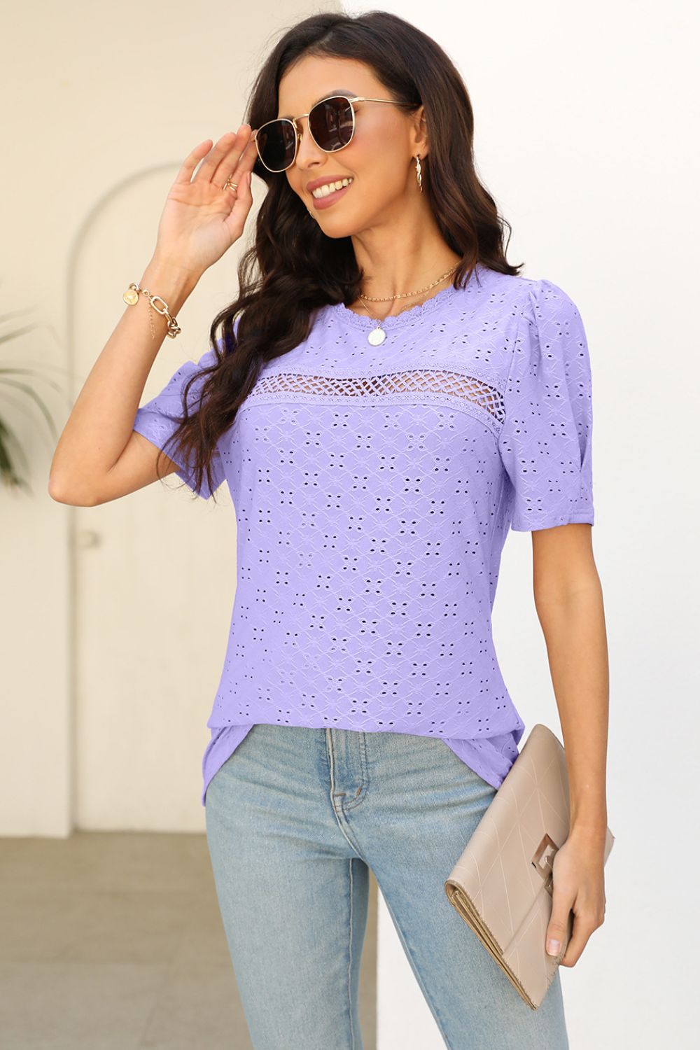 Eyelet Round Neck Short Sleeve T-Shirt - Loulou Boutique