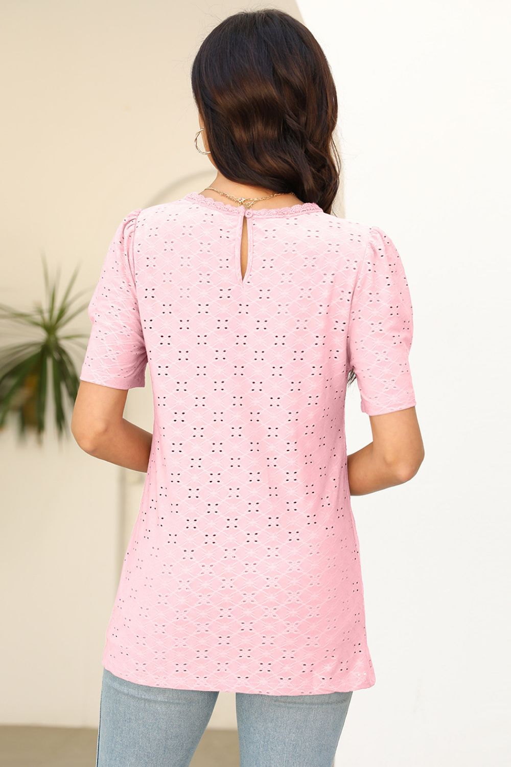 Eyelet Round Neck Short Sleeve T-Shirt - Loulou Boutique