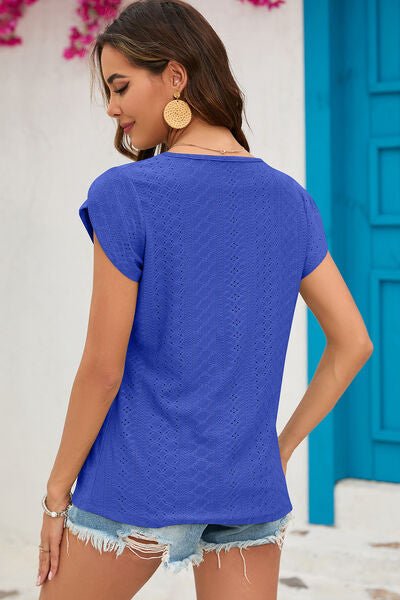 Eyelet Round Neck Short Sleeve T-Shirt - Loulou Boutique