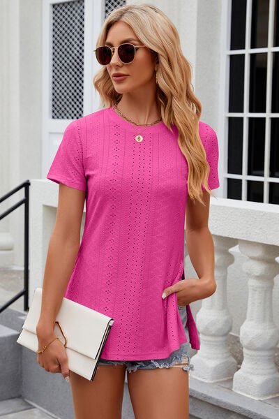 Eyelet Slit Round Neck Short Sleeve T-Shirt - Loulou Boutique