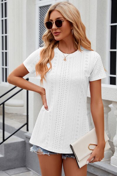 Eyelet Slit Round Neck Short Sleeve T-Shirt - Loulou Boutique