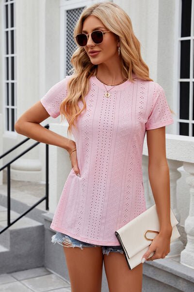Eyelet Slit Round Neck Short Sleeve T-Shirt - Loulou Boutique