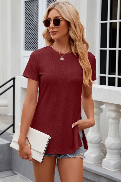 Eyelet Slit Round Neck Short Sleeve T-Shirt - Loulou Boutique