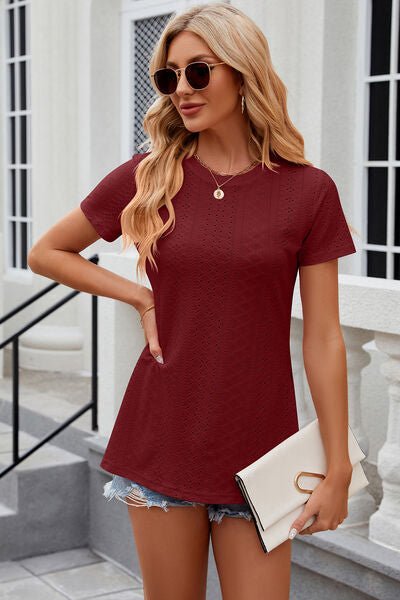 Eyelet Slit Round Neck Short Sleeve T-Shirt - Loulou Boutique