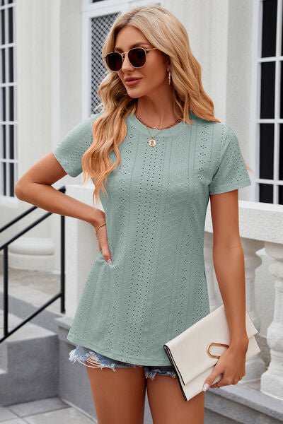 Eyelet Slit Round Neck Short Sleeve T-Shirt - Loulou Boutique
