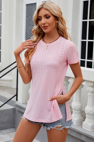 Eyelet Slit Round Neck Short Sleeve T-Shirt - Loulou Boutique