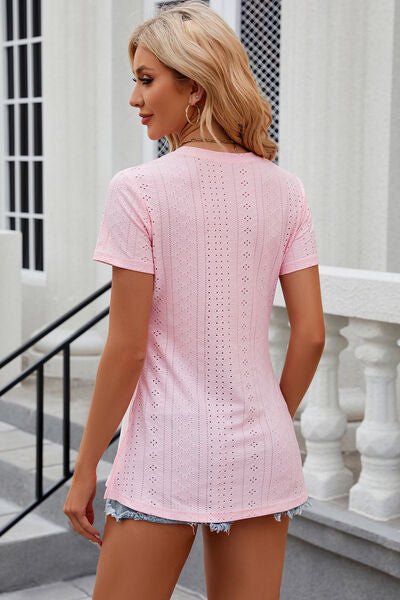Eyelet Slit Round Neck Short Sleeve T-Shirt - Loulou Boutique