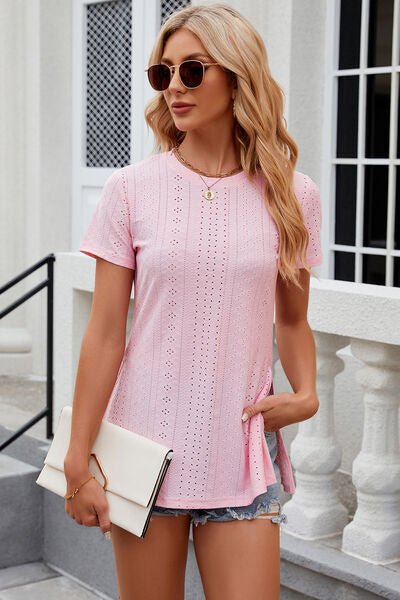 Eyelet Slit Round Neck Short Sleeve T-Shirt - Loulou Boutique