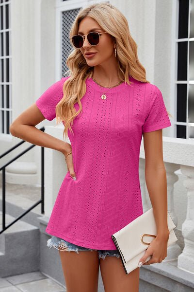 Eyelet Slit Round Neck Short Sleeve T-Shirt - Loulou Boutique