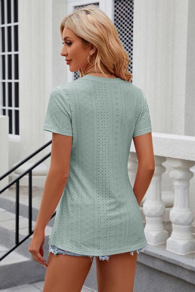 Eyelet Slit Round Neck Short Sleeve T-Shirt - Loulou Boutique