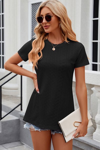 Eyelet Slit Round Neck Short Sleeve T-Shirt - Loulou Boutique