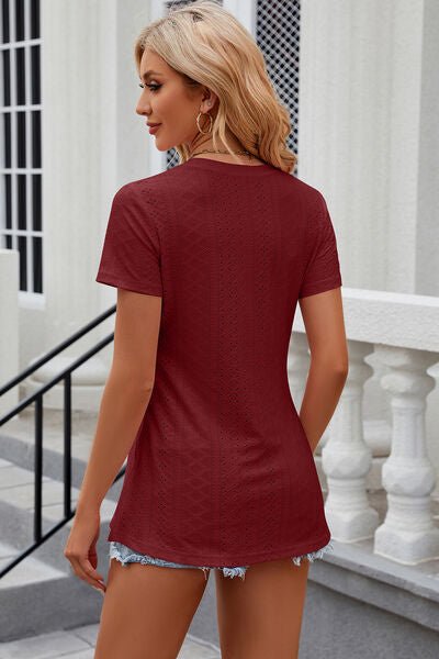 Eyelet Slit Round Neck Short Sleeve T-Shirt - Loulou Boutique