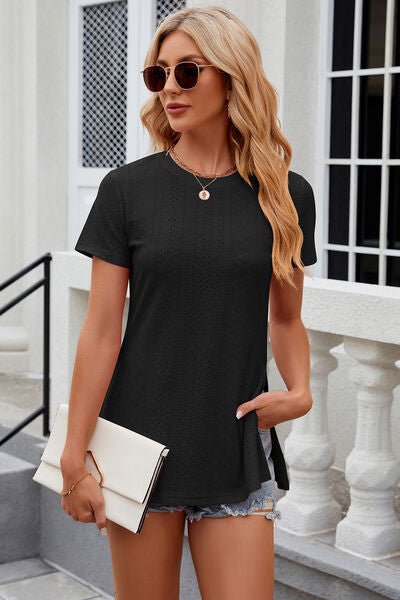 Eyelet Slit Round Neck Short Sleeve T-Shirt - Loulou Boutique