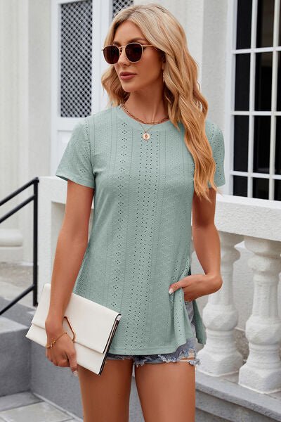 Eyelet Slit Round Neck Short Sleeve T-Shirt - Loulou Boutique