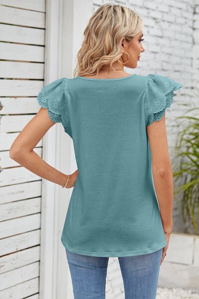 Eyelet Square Neck Cap Sleeve Blouse - Loulou Boutique