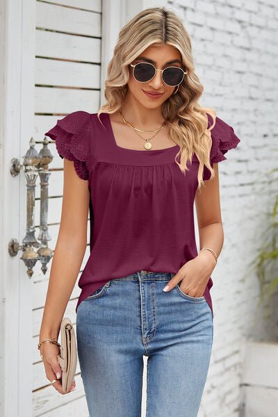 Eyelet Square Neck Cap Sleeve Blouse - Loulou Boutique