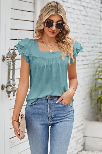 Eyelet Square Neck Cap Sleeve Blouse - Loulou Boutique