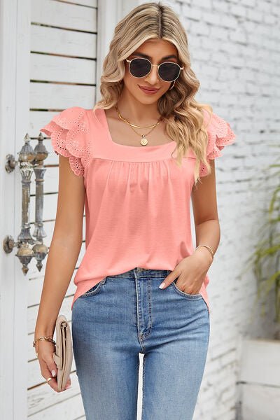 Eyelet Square Neck Cap Sleeve Blouse - Loulou Boutique