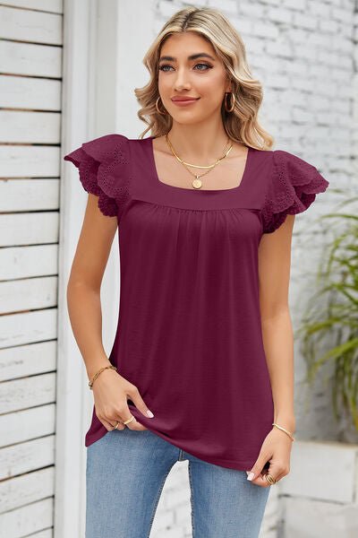Eyelet Square Neck Cap Sleeve Blouse - Loulou Boutique