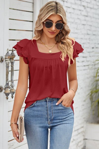 Eyelet Square Neck Cap Sleeve Blouse - Loulou Boutique