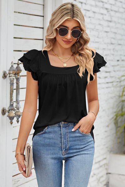 Eyelet Square Neck Cap Sleeve Blouse - Loulou Boutique