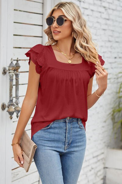 Eyelet Square Neck Cap Sleeve Blouse - Loulou Boutique