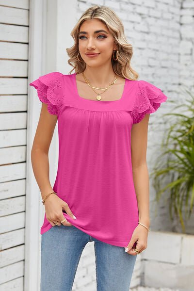 Eyelet Square Neck Cap Sleeve Blouse - Loulou Boutique