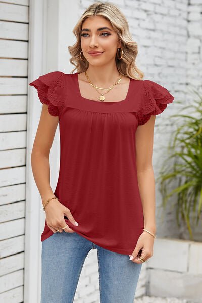 Eyelet Square Neck Cap Sleeve Blouse - Loulou Boutique