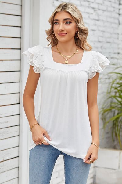 Eyelet Square Neck Cap Sleeve Blouse - Loulou Boutique