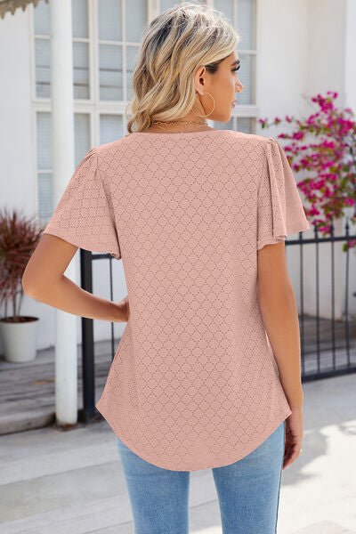Eyelet Square Neck Flutter Sleeve Blouse - Loulou Boutique
