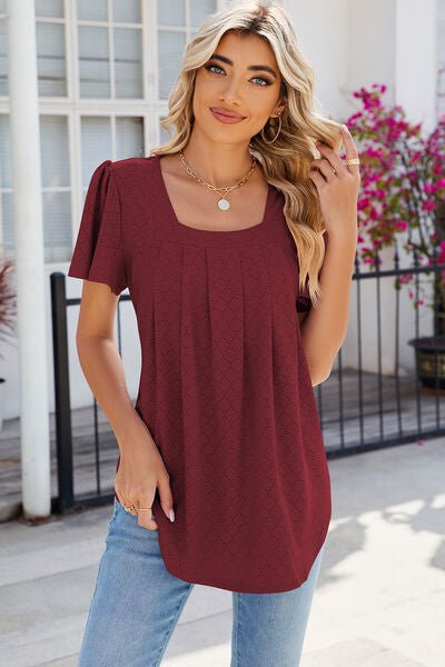 Eyelet Square Neck Flutter Sleeve Blouse - Loulou Boutique