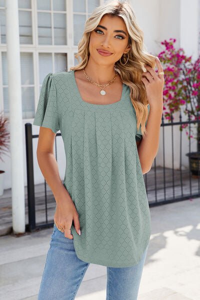 Eyelet Square Neck Flutter Sleeve Blouse - Loulou Boutique