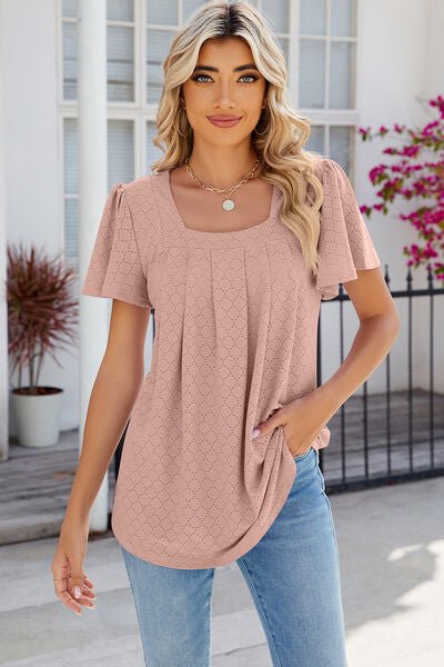 Eyelet Square Neck Flutter Sleeve Blouse - Loulou Boutique