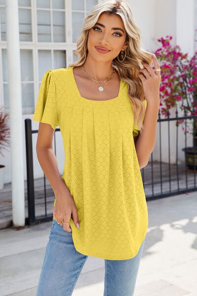 Eyelet Square Neck Flutter Sleeve Blouse - Loulou Boutique