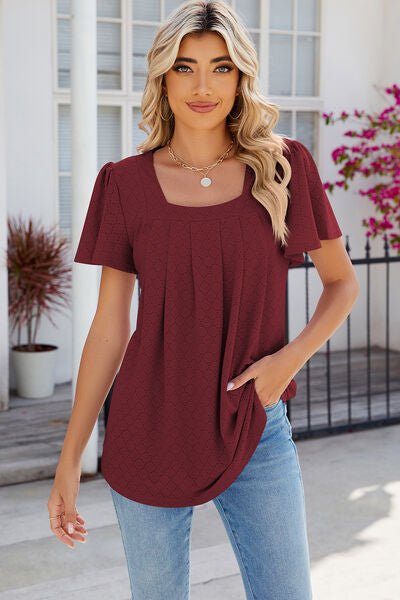 Eyelet Square Neck Flutter Sleeve Blouse - Loulou Boutique