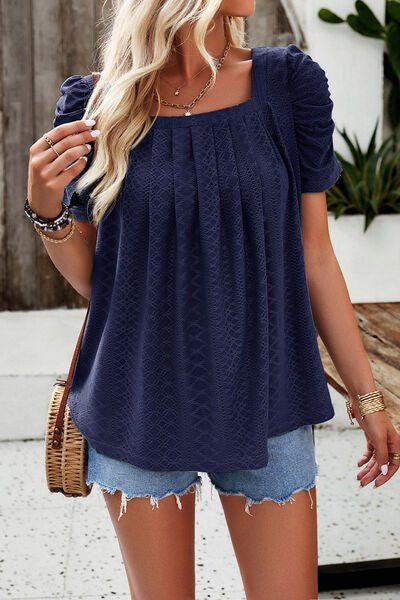 Eyelet Square Neck Puff Sleeve T-Shirt - Loulou Boutique