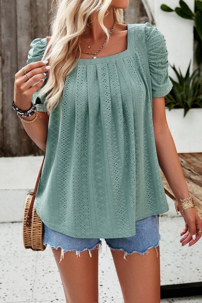 Eyelet Square Neck Puff Sleeve T-Shirt - Loulou Boutique