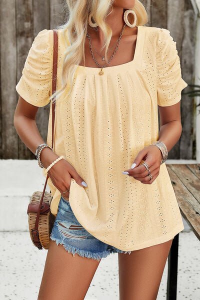 Eyelet Square Neck Puff Sleeve T-Shirt - Loulou Boutique