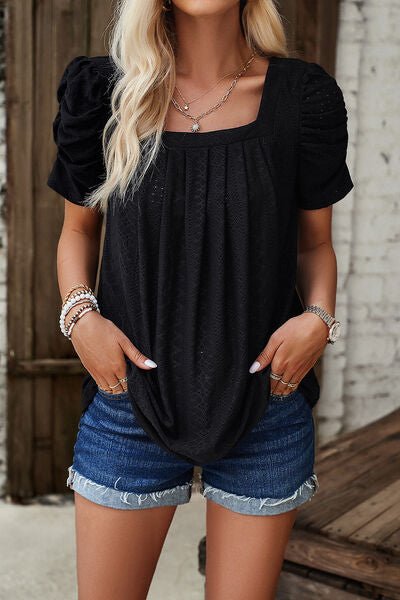Eyelet Square Neck Puff Sleeve T-Shirt - Loulou Boutique