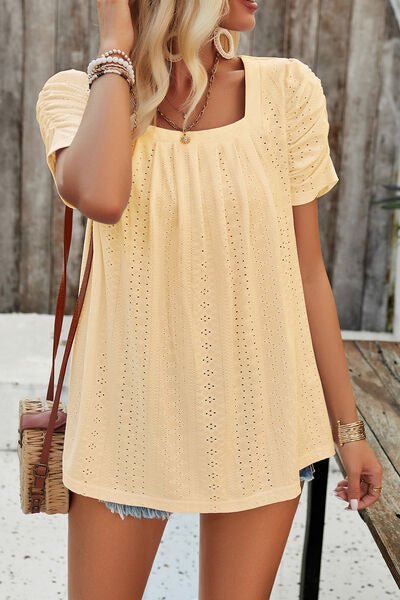 Eyelet Square Neck Puff Sleeve T-Shirt - Loulou Boutique